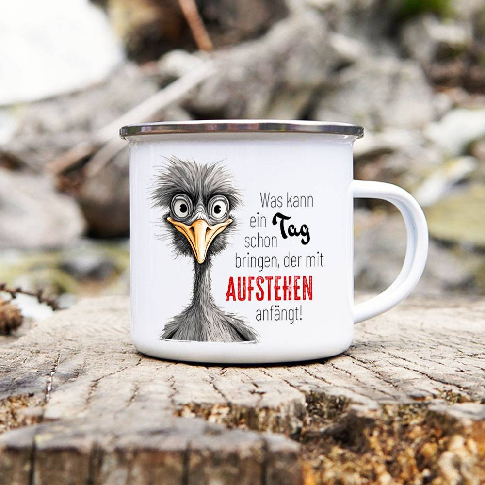 Emaille Tasse 'Aufstehen' mit witzigem Motiv