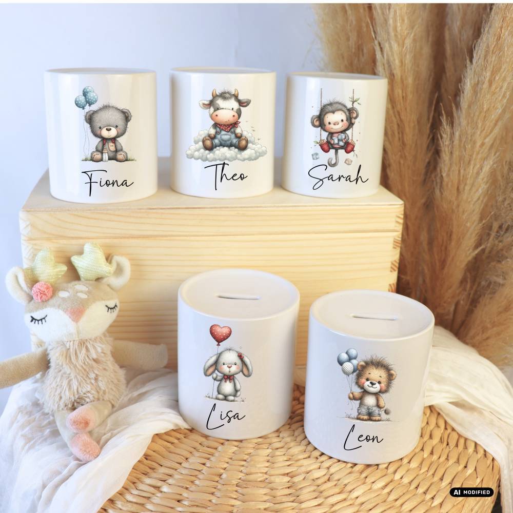 Personalisierte Spardose Kinderspardose mit Tiermotiv wählbar – Geschenk zur Geburt, Taufe, Geburtstag, Einschulung