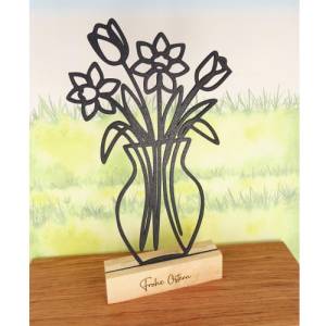 Aufsteller Blumen in Vase Lineart 3D-Druck Schwarz mit Holzsockel 