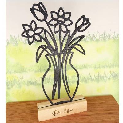 Aufsteller Blumen in Vase Lineart 3D-Druck Schwarz mit Holzsockel "Frohe Ostern" von BuntMixxDeSIGN