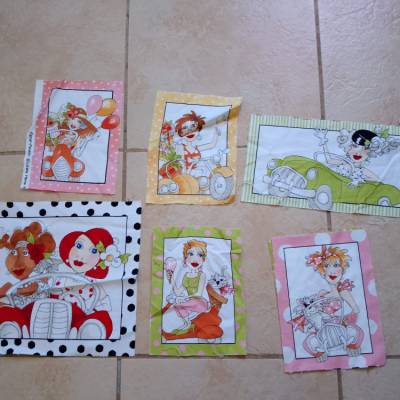 Stoff aus 100% Baumwolle Loralie Design unterschiedliche Motive Frau am Steuer - Auto - Motorroller Set mit 6 Stück