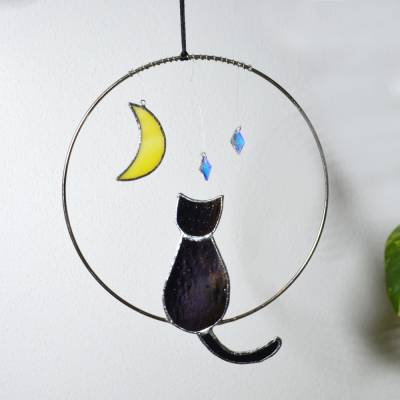 Sonnenfänger - Fensterschmuck mit Katze und Mond aus Buntglas mit Glaskristallen 