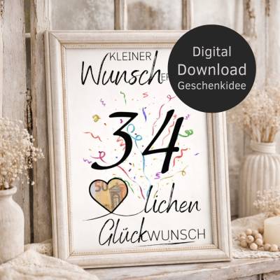 Geldgeschenk 34. Geburtstag | Wunscherfüller Digitaler Download | Geburtstagsgeschenk DIY Last Minute Idee