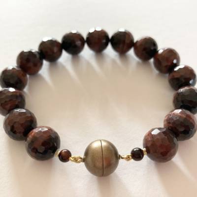 Rotes Tigerauge Armband mit Magnetverschluss, 21,5 cm lang, rotbraunes Edelsteinarmband, Geschenk Frau Mann