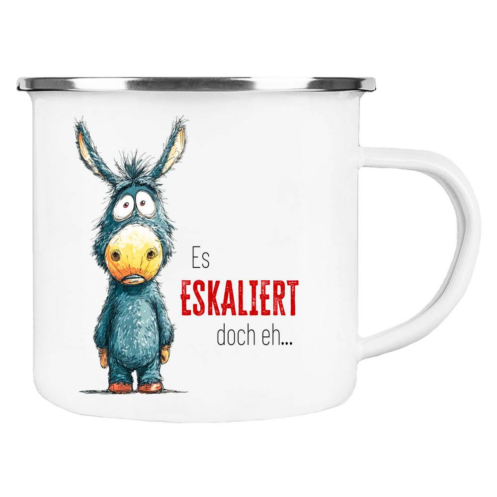 Emaille Tasse 'Eskaliert' mit witzigem Motiv