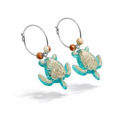 Schildkröten Creolen 925 Silber 16 mm – Harz mit echtem Strandsand türkis (2,5×2,5 cm) & Jaspis
