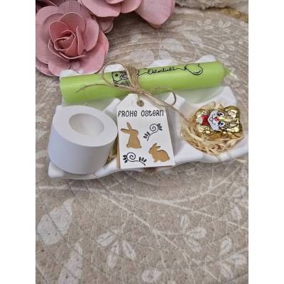 Oster Geschenkset „Osterlicht“ – Kerze mit Kerzenhalter & Schokolade – Frohe Ostern