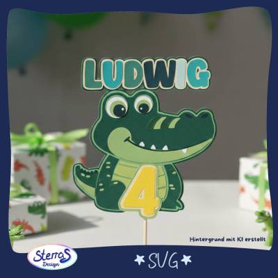 Cake Topper Krokodil Plotterdatei SVG – Layered Papierdesign mit Zahlen 1–9 für Kindergeburtstag