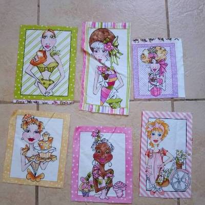 Stoff aus 100% Baumwolle Loralie Design unterschiedliche Motive Frau mit Torte - Kuchen - Konditorin  Set mit 6 Stück