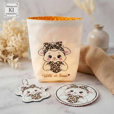 Stickdateien Leo Lamm inkl. ITH Anhänger – 4 Motive, 6 Dateien ab 10x10 cm – Leo-Look Stickdatei