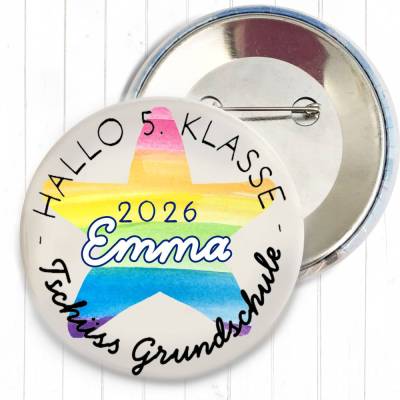 Personalisierter Button „Tschüss Grundschule 2026“ | Wunschname & Regenbogen-Stern | 38mm & 59mm