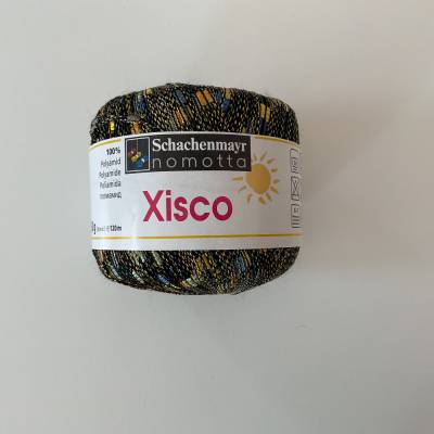 Restbestand 50 g Xisco Strickgarn, Häkelgarn Farbe 0090, schwarz, blau, gelb, orange, grün gemustert, Effektgarn