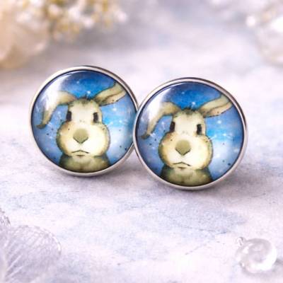 Hase Glas Cabochon Ohrstecker aus Edelstahl, rund, 16 mm – versilbert
