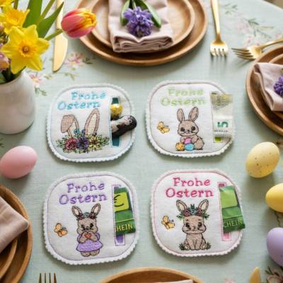 Stickdatei Gutschein Hülle ITH Ostern Osterhase – 4 Motive Set für Deine Stickmaschine