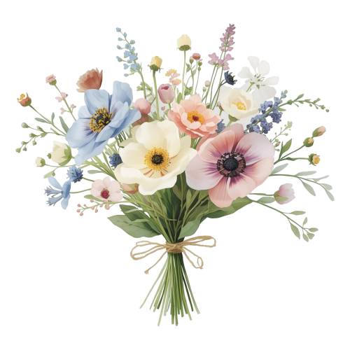 Zarter Wildblumenstrauß PNG Set (8) - Aquarell Clipart – Pastell Blumenstrauß mit Anemonen, Blumen für Muttertagskarte