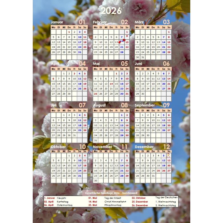 Jahreskalender 2026 Japanische Kirschblüten – 13-seitig, Hochformat PDF – DIN A4 zum Ausdrucken Bild 1