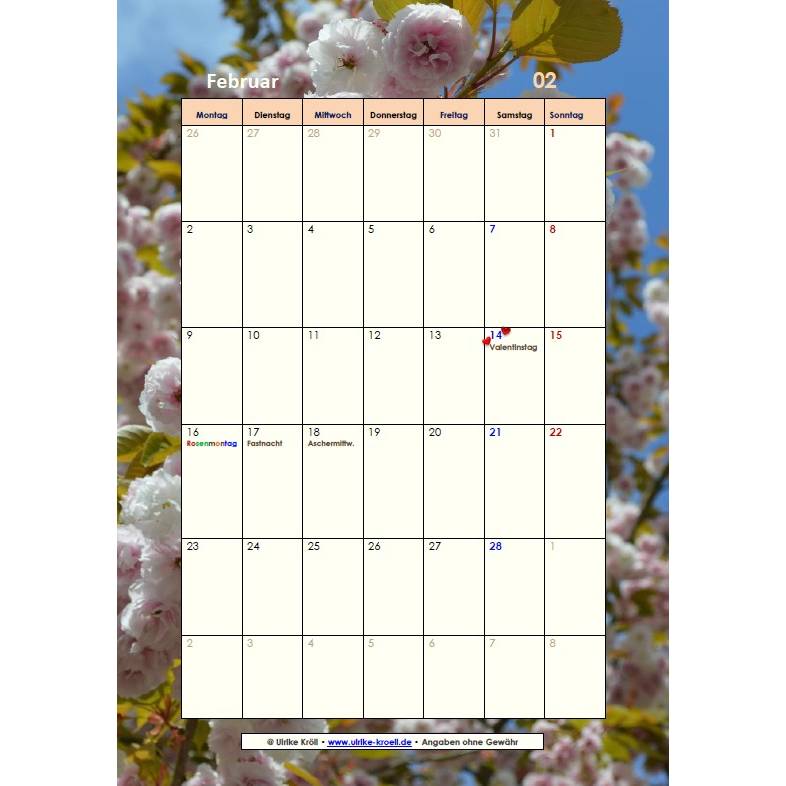 Jahreskalender 2026 Japanische Kirschblüten – 13-seitig, Hochformat PDF – DIN A4 zum Ausdrucken Bild 2