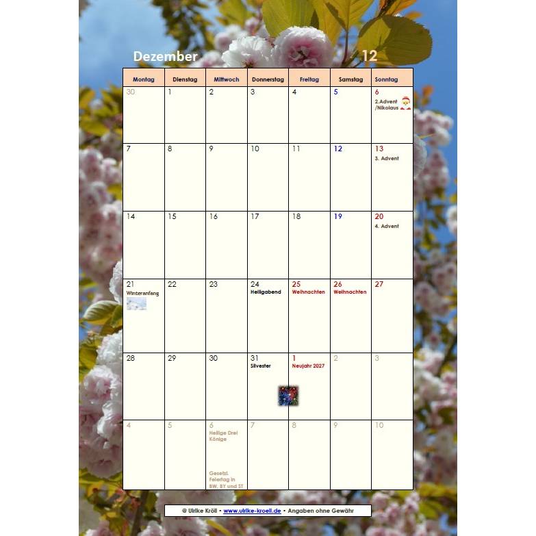 Jahreskalender 2026 Japanische Kirschblüten – 13-seitig, Hochformat PDF – DIN A4 zum Ausdrucken Bild 4