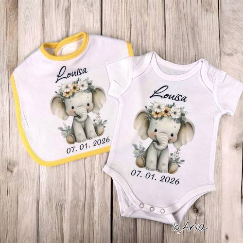 Personalisiertes Baby Geschenkset – Body & Lätzchen mit Namen / Geburtsdatum | Elefant Boho Watercolor | Geschenk zur Ge
