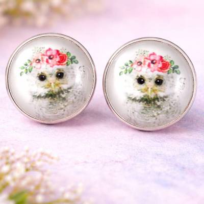 Niedliche Eulenkinder Cabochon Ohrstecker 15 mm – Runde Edelstahl Ohrringe mit Blumen