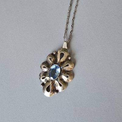 Vintage Silber Kette mit Anhänger - 835 Silber mit Aquamarin - Jugendstil