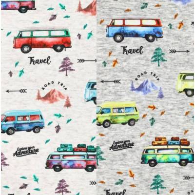 ♕ Alpenfleece Stoff melange mit Bulli VW-Bus Camper blau-rot oder grün-blau 50 x 150 cm  ♕