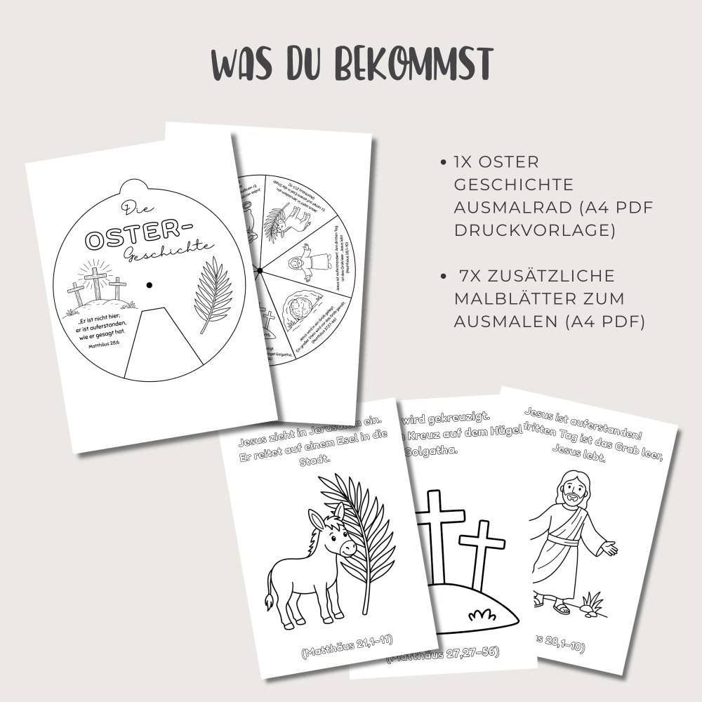 Ostergeschichte Ausmalrad PDF, christliche Malblätter Kinder Ostern, Bibelgeschichte Ausmalset Bild 2