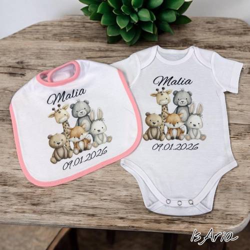 Personalisiertes Baby Geschenkset – Body & Lätzchen mit Namen / Geburtsdatum | Tiere Boho Watercolor