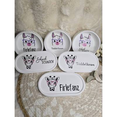 Raysin Schale oder Tablett mit Tiermotiv – „Firlefanz“, „Tüddelkram“ oder „Schnick Schnack“