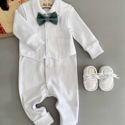 Taufanzug Baby Junge Weiß, Bodyhemd mit Fliege, personalisiert mit Namen, festliches Baby Outfit zur Taufe, Coming Home 