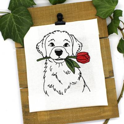 Stickdatei Hund mit Tulpe Frühling Kontur