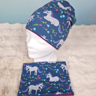 Beanie und Loop Set KU 47-48 – Einhorn-Design "Once upon a Time" | Handmade Kinder Accessoires