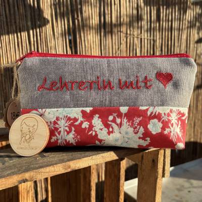Lehrerin mit Herz - Schlampermäppchen rot-weiß geblümte Stiftemappe Geschenkidee