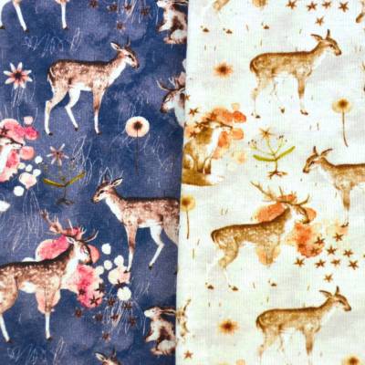 Alpenfleece Stoff mit Rehen Fuchs Hasen Waldtiere ecru und jeansblau 50 x 150 cm  Kuschelsweat ♕