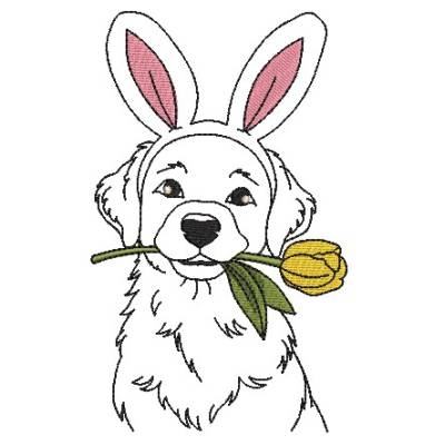 Stickdatei Hund mit Hasenohren mit Tulpe Frühling Kontur