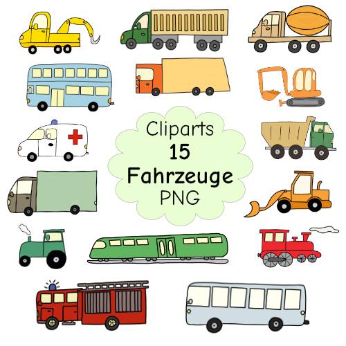 15 farbige Fahrzeug-Cliparts im Doodle-Stil als PNG – Hochauflösende Bastelgrafiken Bild 1