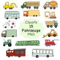 15 farbige Fahrzeug-Cliparts im Doodle-Stil als PNG – Hochauflösende Bastelgrafiken