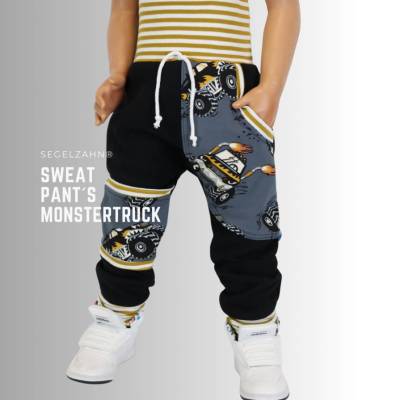 Sweat Hose Kinder Monstertruck Schwarz, Slim Fit Jogger Junge Mädchen Kinderkleidung Segelzahn Hosen zum Mitwachsen Kind