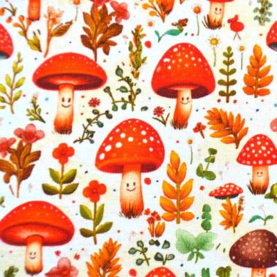 Alpenfleece Stoff mit Pilzen Fliegenpilzen Wald 50 x 150 cm  Kuschelsweat ♕