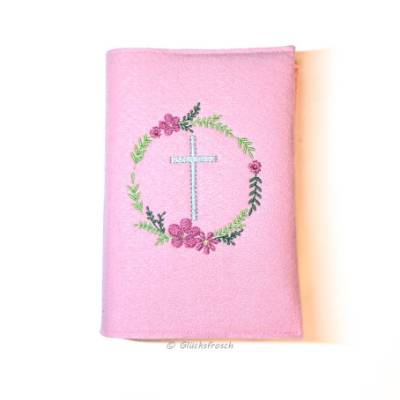 Gotteslobhülle, roas Filz mit mit Kreuz und Blütenkranz