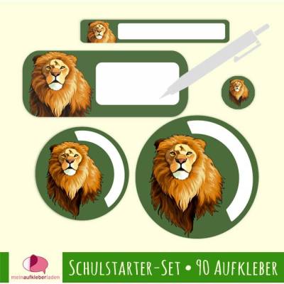 Schulstarter-Set Löwe grün – 90 wasserfeste Namensaufkleber zum Selbstbeschriften für Kinder