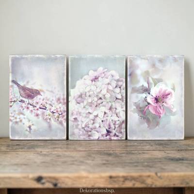 Wandbild VOGEL & BLUMEN Triptychon auf Holz, Leinwand, Kunst Wanddeko im romantischen Vintage Landhausstil Shabby Chic