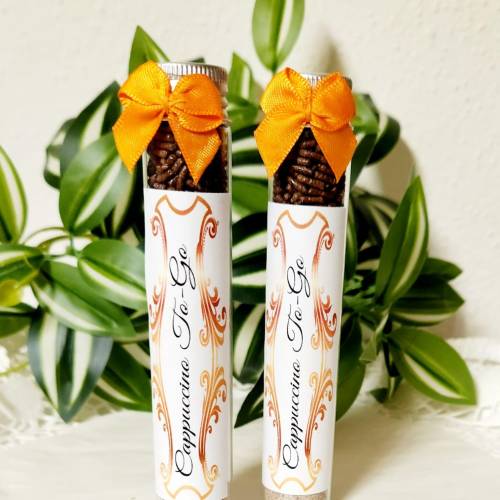 Cappuccino m. Schokoladengeschmack, Kaffee To-Go im Reagenzglas, Mitbringsel, Gastgeschenk, Ostern, Geschenk, Mitgebsel,