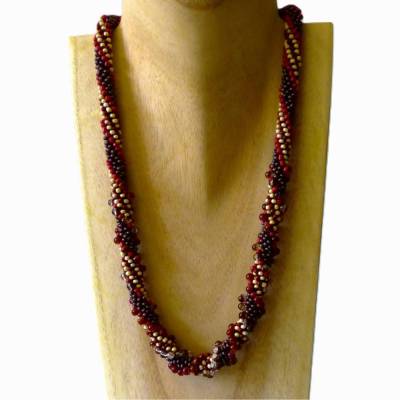 Perlenkette gehäkelt, braun rot koralle beige, 53 cm, Halskette, Glasperlen gehäkelt, Häkelschmuck