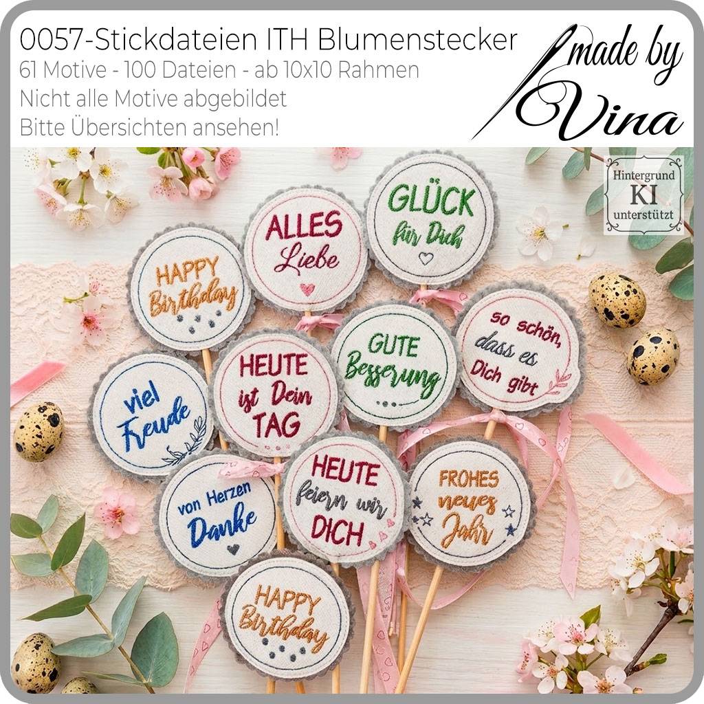 ITH Blumenstecker & Sprüche Stickdateien Set ab 10x10 Rahmen – 61 Motive & 100 Dateien Bild 2