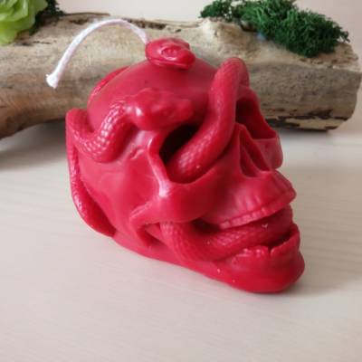 Totenkopf mit Schlange Kerze in Blutrot – Gothic Kerze, Geschenk für Halloween & Horror Fans