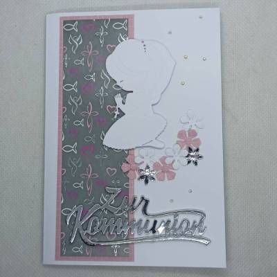 Karte zur Kommunion, Glückwunschkarte, Mädchen, Silber