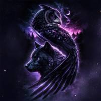 Maritim Tattoo 148.0 - Purple Night * Panel 2,00 m x 1,50 m * Sommersweat * mit Eule Wolf und Wald LILA