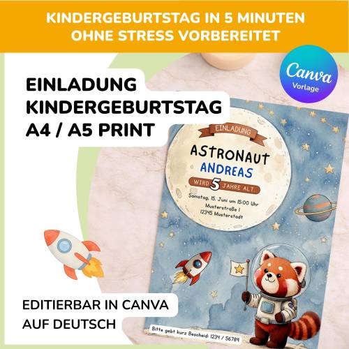Einladungskarte Kindergeburtstag Weltraum druckbar | Roter Panda Astronaut | DIN A4 A5 | Canva editierbar | sofort druck
