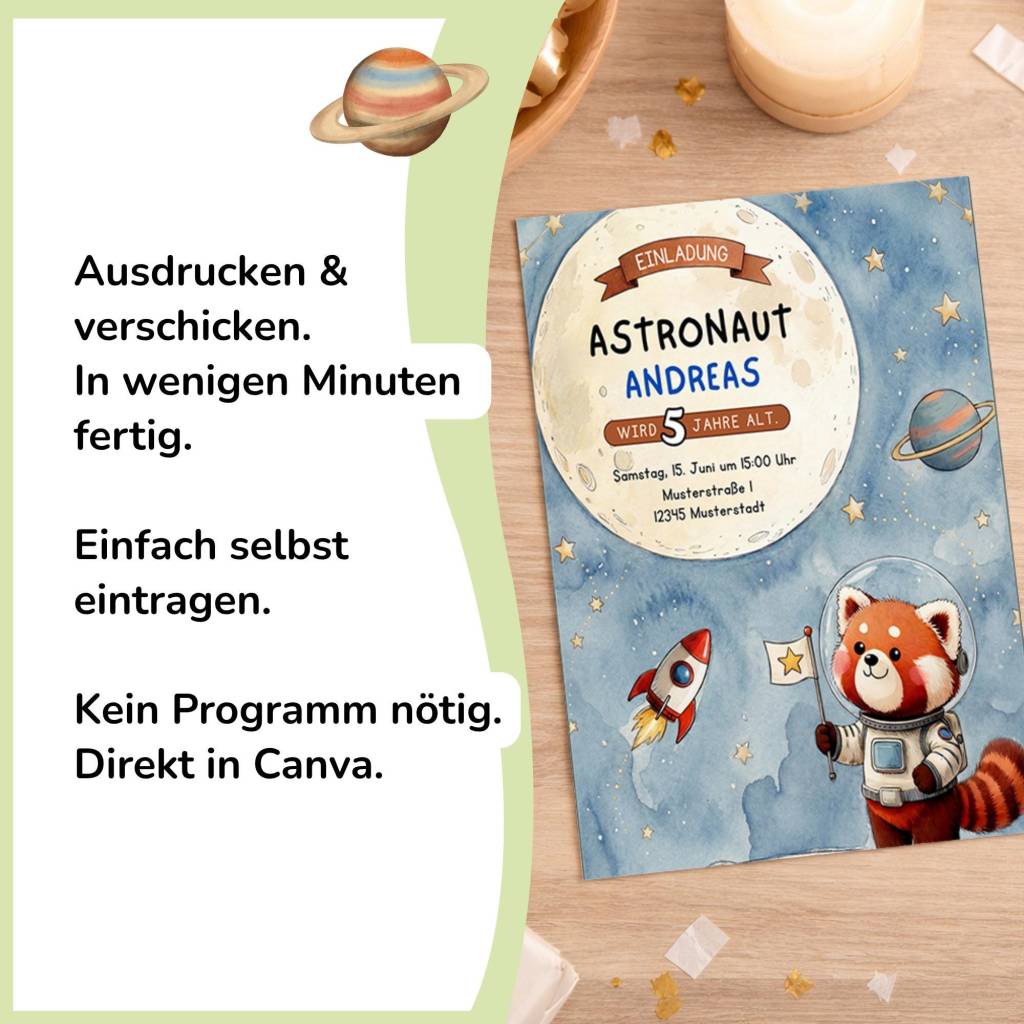 Einladungskarte Kindergeburtstag Weltraum druckbar | Roter Panda Astronaut | DIN A4 A5 | Canva editierbar | sofort druck Bild 2